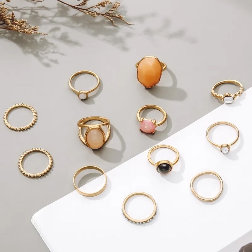 *MARTINE* 12-Pc Gold x Multicolor Gem Fashion Rhinestone Ring Set - Picture 2 of 5